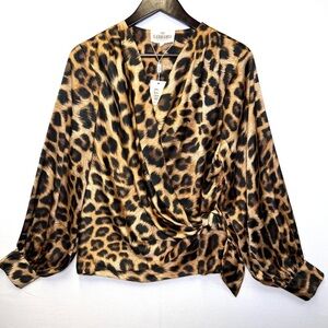 Karmamia Ines faux wrap blouse Satin top size XL Leopard Print classy feminine